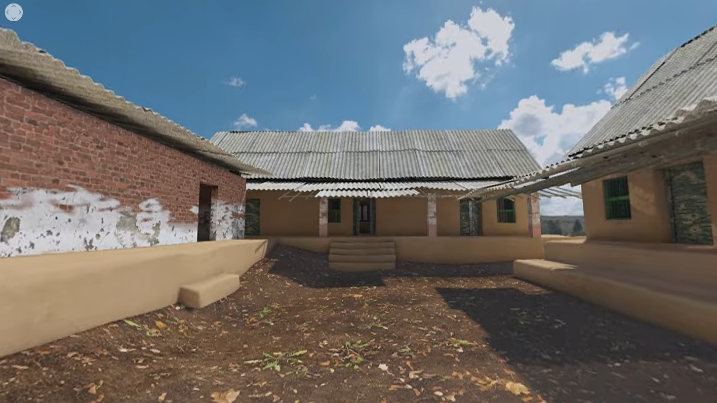 360-degree VR exterior render: the courtyard of the Kelepara village mud house compound viewed from the front, showing the main entrance steps and surrounding structures under an open sky. This is the featured image for the VR film.