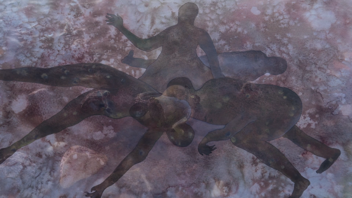 Film still from A Collision in the Wind (short film, 15 minutes), 2024. Multiple silhouetted human figures are layered over a mottled, blood-pink textured ground — bodies fallen, one standing — evoking collective trauma and the aftermath of mob violence.
