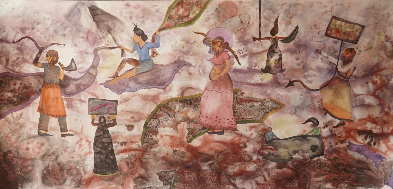 Where the Wind Carries Hope, watercolour on paper, 60 x 126 inches, 2024. A large panoramic watercolour in a palette of dusty pinks, warm earth tones, and violet-red. Figures drawn in a vocabulary blending South Asian miniature painting and folk imagery surge across the composition — some mounted, some flying, some armed with bows and arrows, a central veiled figure in purple commanding the space. The work evokes a collective, magical-realist uprising.