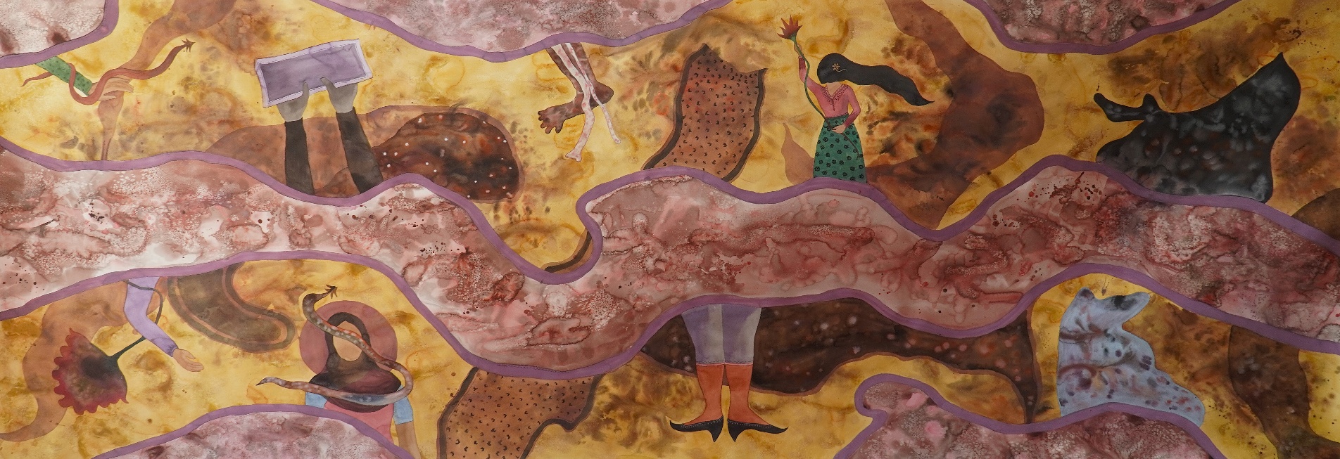 Whispers of Emptiness, mixed media on paper, 60 x 168 inches, 2024. A long horizontal work in golden amber and deep purple. A river-like purple form outlined in gold winds across the entire width of the composition, threading together multiple veiled and unveiled figures — some holding tools, some crouching, some emerging from the ground — in a procession of grief, labour, and quiet resistance.