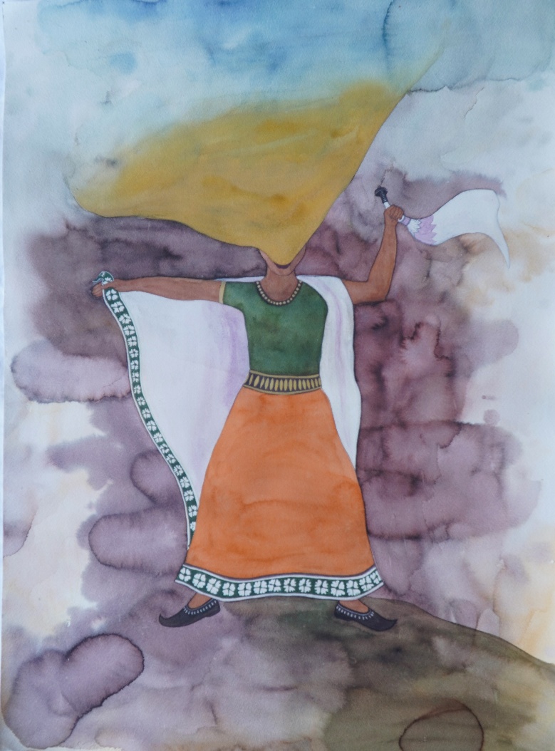 The Quiet Rumble, watercolour and photo ink on paper, 30 x 21 inches, 2024. A portrait-format watercolour of a headless female figure in a saffron orange skirt, green top, and beaded belt, standing with arms extended holding a small white flag. The figure is surrounded by billowing dark purple-grey storm clouds and stands on rough ground, her body the axis between sky and earth.