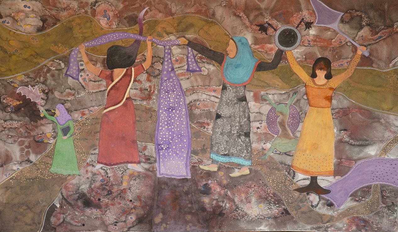 The Symphony of Tomorrow, mixed media on paper, 60 x 100 inches, 2024. A wide-format painting depicting five women in vivid, patterned dress — in green, purple, teal, gold, and orange — each holding a domestic or ceremonial object aloft: a pot, a broom, a platter. Their raised arms and shared rhythm transform the gesture of labour into one of collective protest, set against a layered, mineral-textured ground.