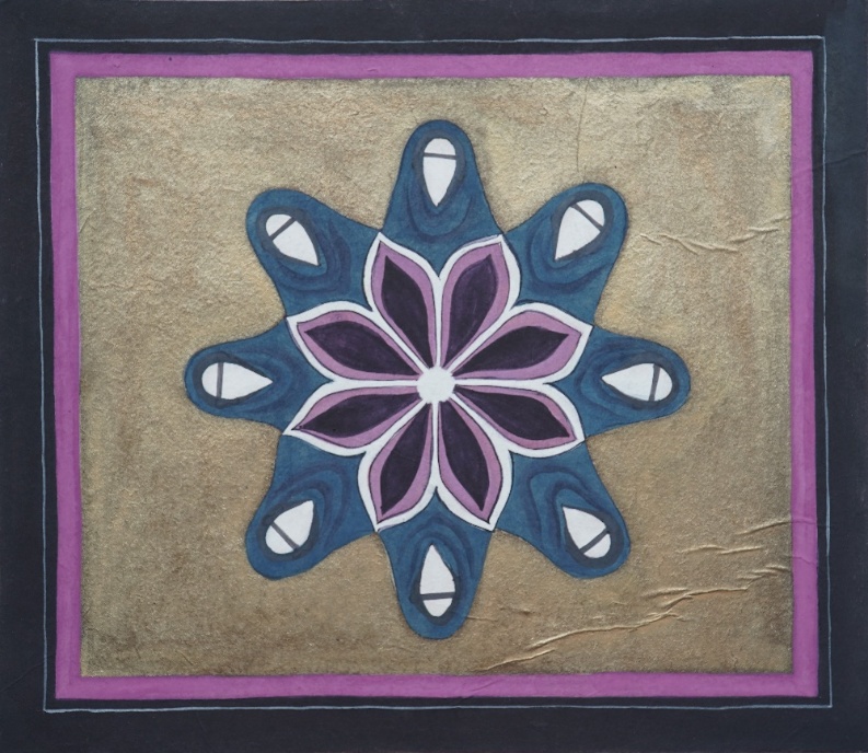 Untitled-2 (i), watercolour and golden acrylic on wasli board, 11 x 10 inches, 2024. A mandala-like eight-petalled flower form in deep blue-violet and purple tones on a burnished gold ground, framed in a purple-and-black border.