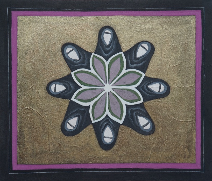 Untitled-2 (ii), watercolour and golden acrylic on wasli board, 11 x 10 inches, 2024. A mandala-like eight-petalled flower in muted grey-green and mauve on a gold ground with a purple-and-black frame.