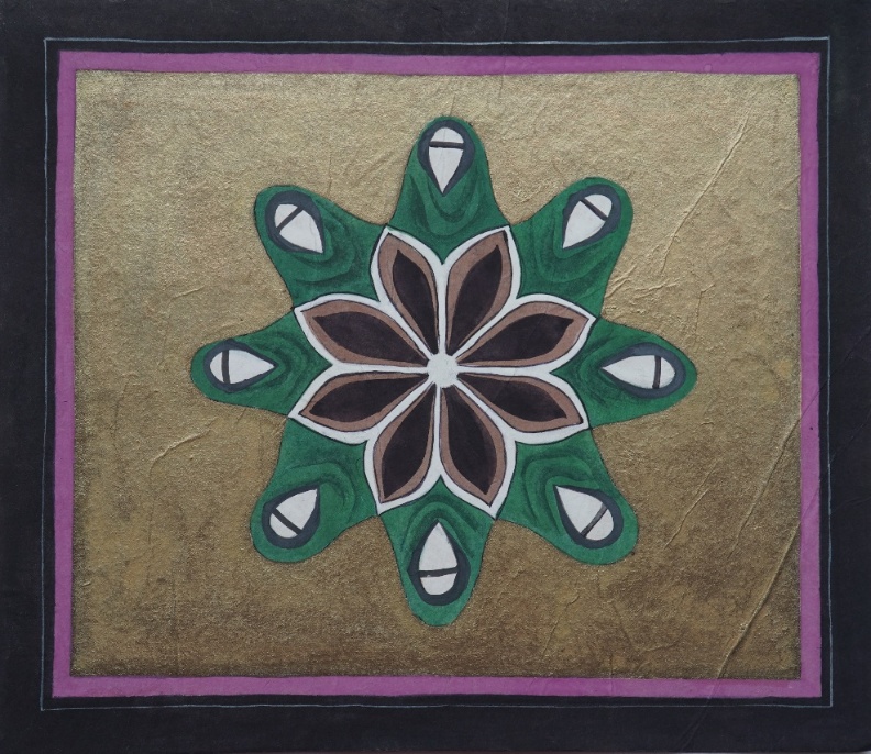 Untitled-2 (iii), watercolour and golden acrylic on wasli board, 11 x 10 inches, 2024. A mandala flower form in rich dark green and deep brown-black on a gold ground, framed in purple and black.