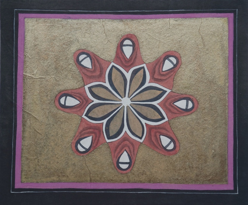 Untitled-2 (iv), watercolour and golden acrylic on wasli board, 11 x 10 inches, 2024. A mandala flower in warm terracotta-red and black-brown on a gold ground with a purple-and-black frame.