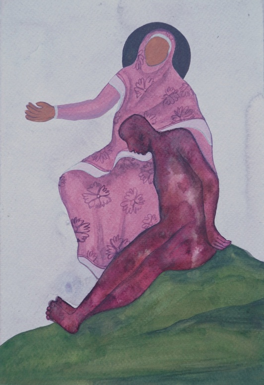 Untitled-1 (i), watercolour on paper, 8 x 11 inches, 2024. A woman in a pink floral hijab and matching dress sits on a green hillock, one arm reaching outward. In her lap rests the body of a man — depicted as a dark burgundy-red silhouette with visible wounds — in a composition that echoes the pietà.