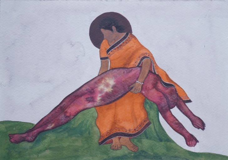Untitled-1 (ii), watercolour on paper, 8 x 11 inches, 2024. A woman in an orange sari bends forward on a green ground, cradling the extended legs of a wounded body — the limbs rendered in deep red-wine with bruised markings — the face of the figure turned away in grief.