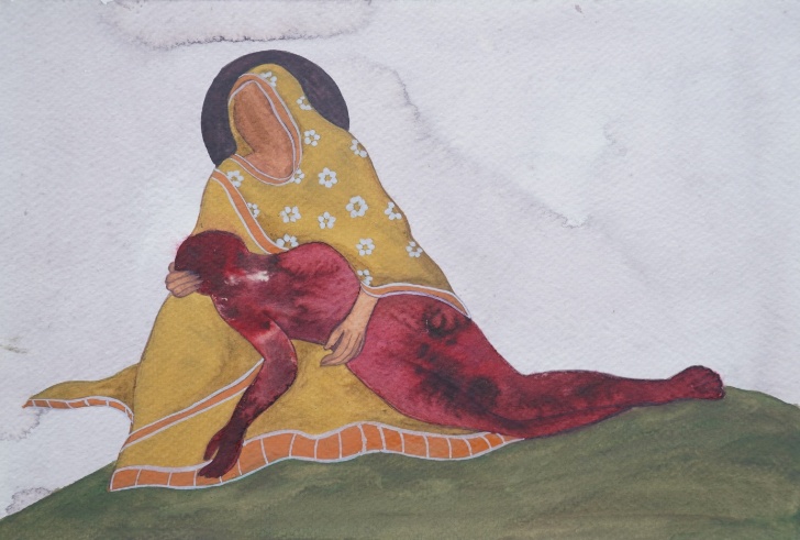 Untitled-1 (iii), watercolour on paper, 8 x 11 inches, 2024. A faceless woman in a yellow floral-patterned hijab and dress, sitting on green ground, holds a wounded male body — shown in dark burgundy with bruising — across her lap in a tender but sorrow-laden embrace.