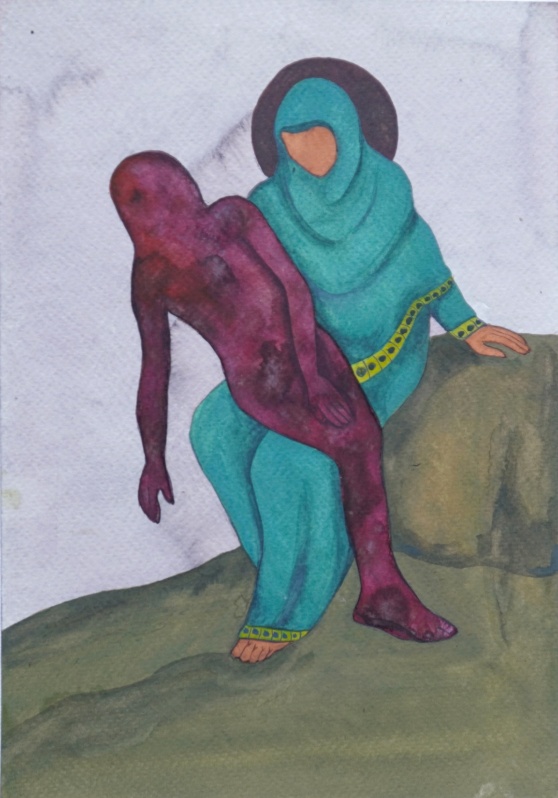 Untitled-1 (iv), watercolour on paper, 8 x 11 inches, 2024. A woman in a turquoise hijab and tunic, trimmed with gold-green geometric detail, sits on a rocky green ground beside a wounded figure whose dark body slumps against her — a moment of protective grief.