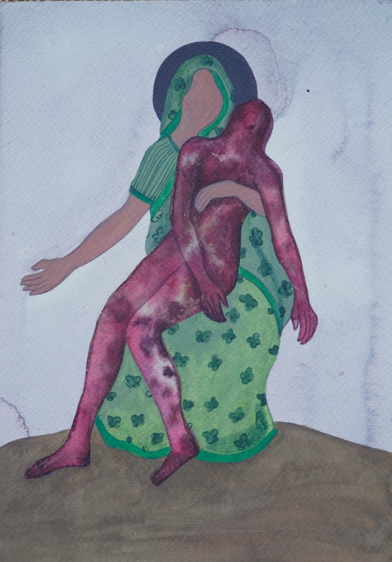 Untitled-1 (v), watercolour on paper, 8 x 11 inches, 2024. A woman in a green top and green floral skirt holds a wounded, bruised body — rendered in deep rose-red — against her own, both figures merging into an upright posture that reads as much like defiance as mourning.