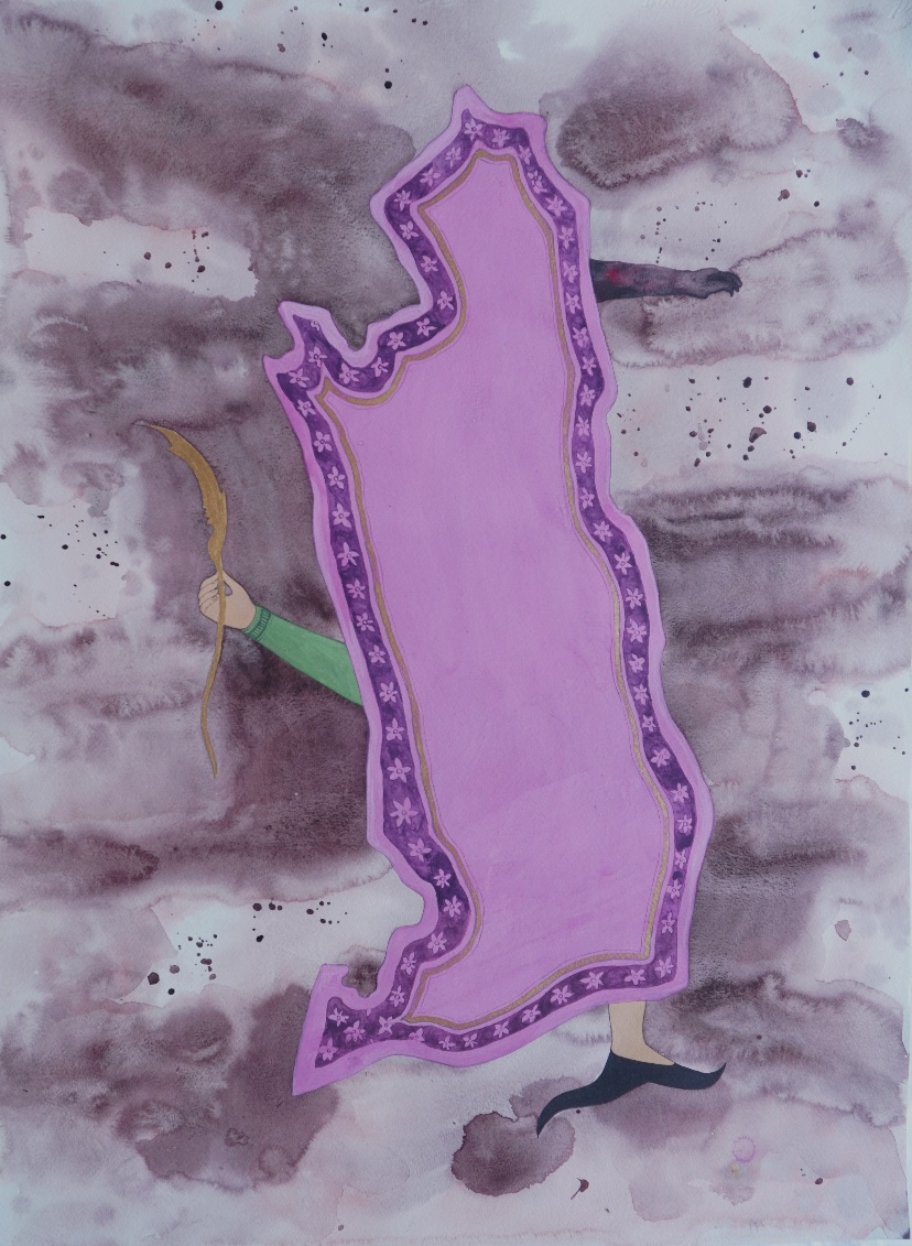 The Veil of Fury, watercolour and acrylic gold on paper, 21 x 30 inches, 2024. A portrait-format watercolour in which the veil itself becomes the subject and the agent: an embroidered purple garment — faceless, with only hands and feet visible — holds a bow, the fabric billowing and animated against a deep purple-grey wash. The veil is rendered simultaneously as body and weapon.