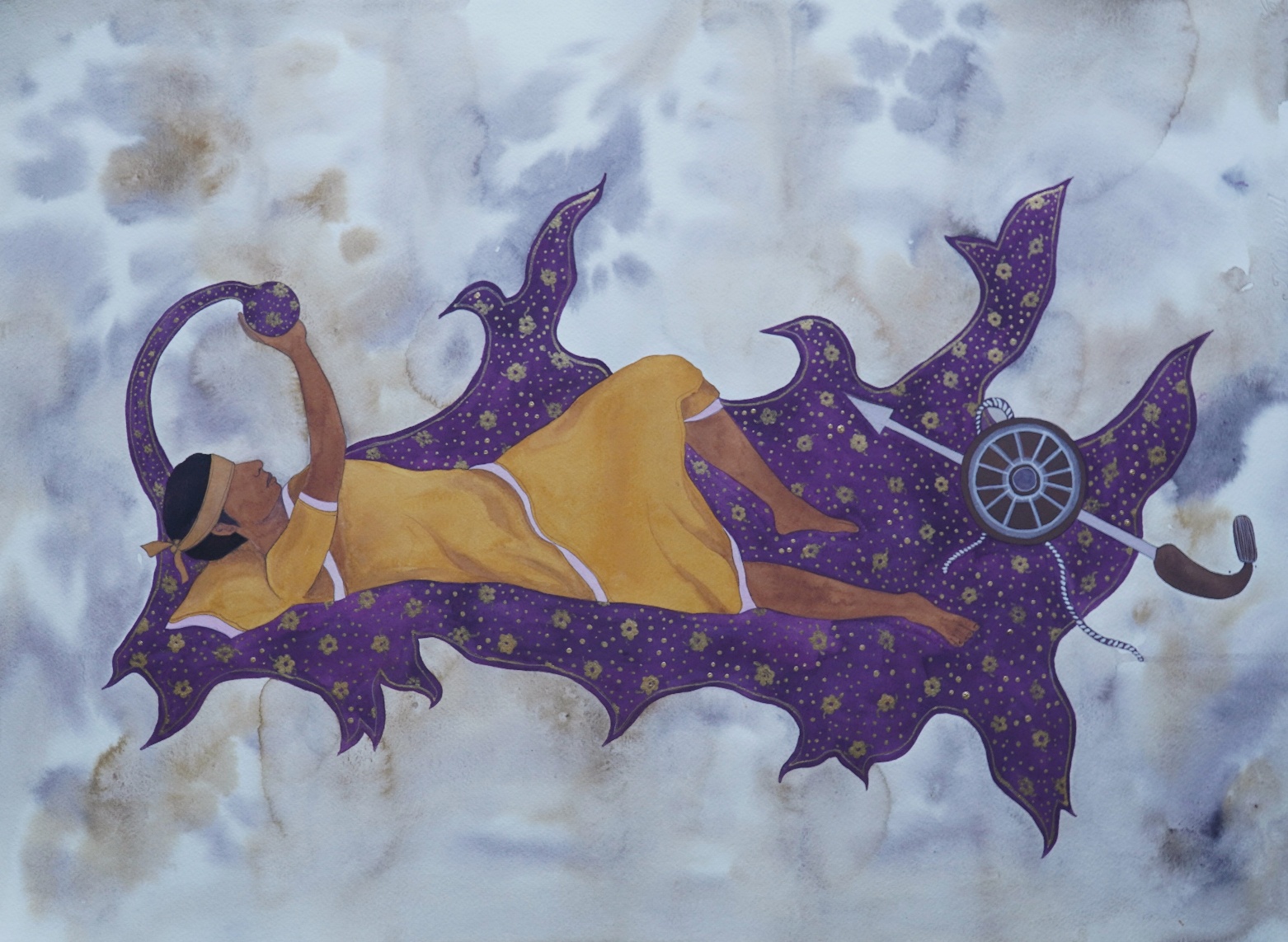 Where Tomorrow Unfolds, watercolour and acrylic gold on paper, 30 x 21 inches, 2024. A woman in deep golden-yellow cloth reclines and floats horizontally, her body surrounded by spiky purple forms and a spinning wheel or chakra. The golden acrylic gives the work a luminous, icon-like quality. The composition hovers between dreaming and dying.