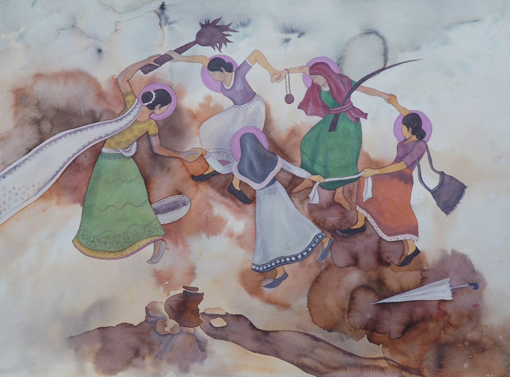 Dancing with Defiance, watercolour on paper, 30 x 21 inches, 2024. A group of women in colourful traditional dress — green, purple, teal, orange — dance or march together, each carrying a domestic tool: brooms, pots, ladles. Their movement is joyful and insistent, the choreography of everyday labour transformed into collective protest.