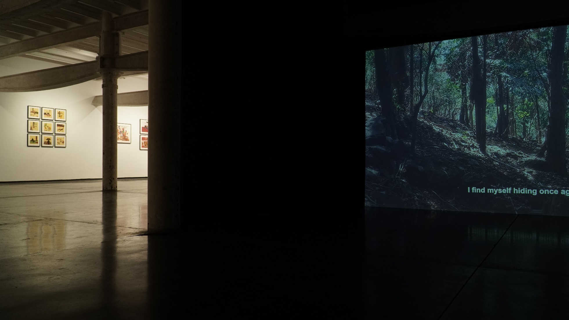 Installation and display view of A Thousand Thunders, Project 88, Mumbai, 2024. The darkened gallery space shows the film A Collision in the Wind projected on the right wall while the lit gallery beyond reveals a grid of small framed watercolour paintings and larger works mounted on the walls.