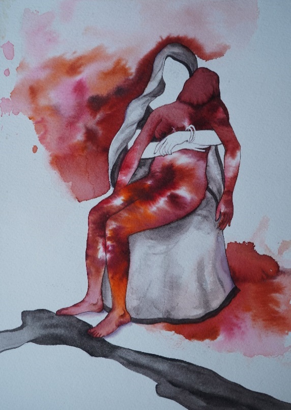Mother's Arms Are More Comfortable — watercolour figure study showing a faceless, hooded figure seated on a branch, body saturated in deep red washes evoking bruising and blood.