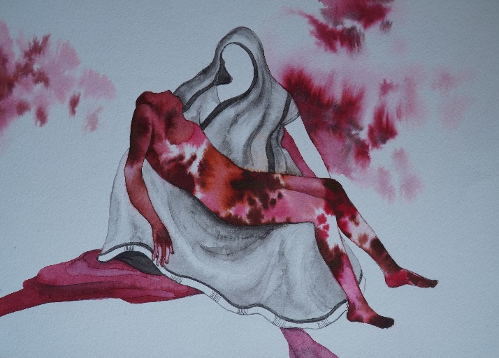 Mother's Arms Are More Comfortable — a second panel: a faceless seated figure in a white dress, limbs stained with red and crimson washes, surrounded by pink floral splashes.