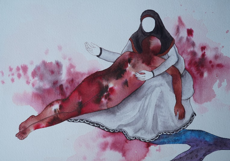 Mother's Arms Are More Comfortable — a third panel: a faceless figure in a headscarf cradles a prone body, both forms marked by red watercolour stains. The composition echoes the Mater Dolorosa.