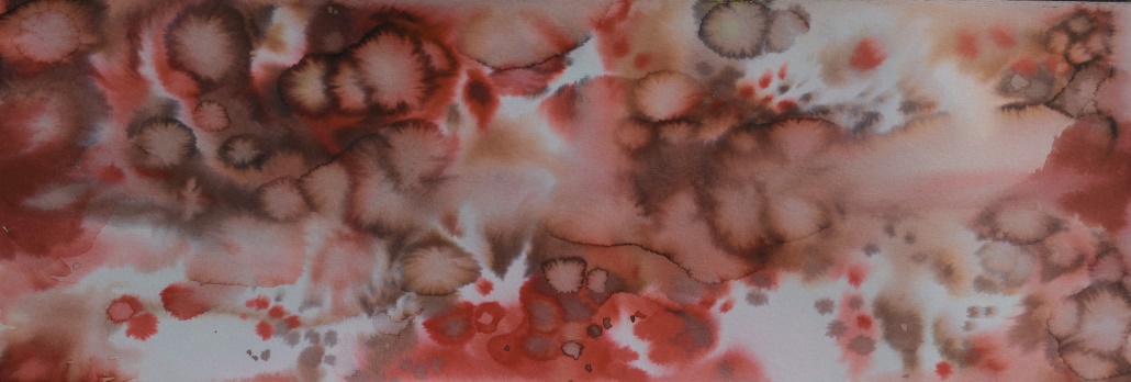Detail of watercolour wash used in the installation — an abstract horizontal expanse of red, crimson, and ochre blooms on paper, suggesting organic cellular forms or spreading bruises.