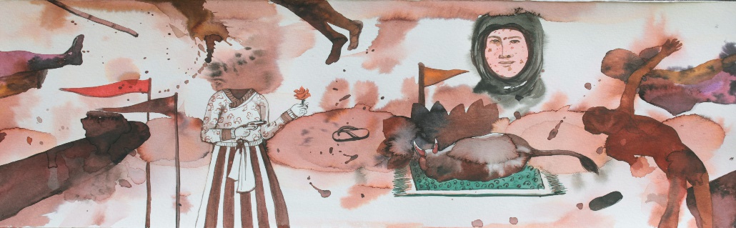 Panoramic watercolour and ink drawing — a narrative frieze depicting figures including a woman in traditional dress holding a flower, a praying figure, wrestlers, and a floating face in a headscarf, all rendered against loose rust-red washes. Watercolour on Canson paper, 2019.
