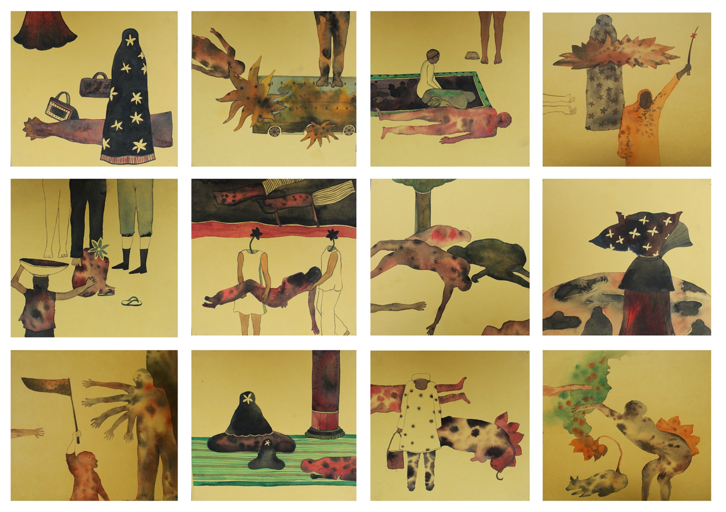 Dine Dupure (Daytime – All Time) — full series of twelve panels displayed in a 4×3 grid. Each square painting on a warm ochre ground depicts figures, animals, and symbolic objects rendered in a flat graphic style with ink and watercolor washes. Watercolor and drawing on paper, 10 × 10 inches each, 2018.