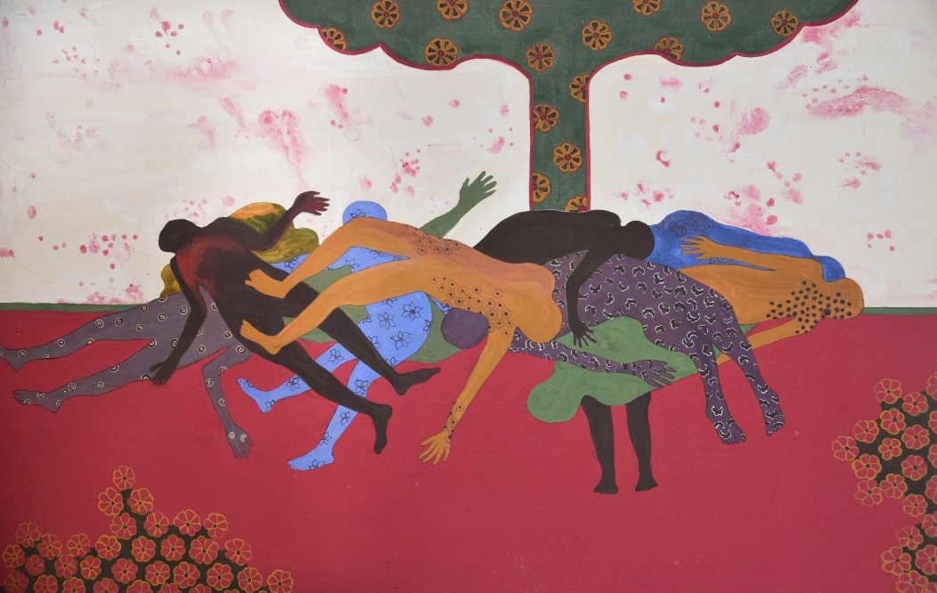 The Way of Heaven (panel 1) — a large tempera painting on Wasli board depicting intertwined figures in vibrant earth tones and deep blues, sprawled beneath a flowering tree on a crimson ground scattered with decorative blossoms. Tempera on Wasli board, 26 × 18 inches, 2018.