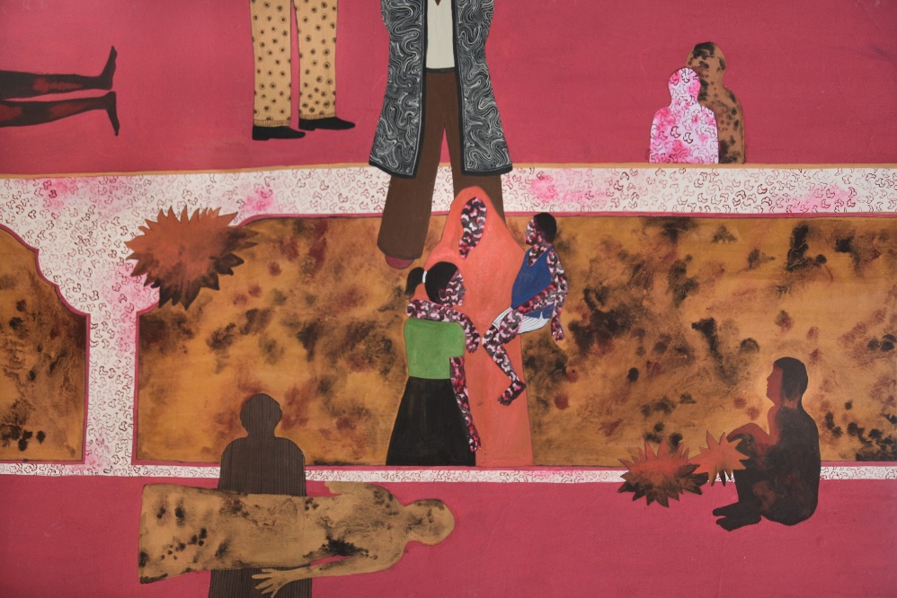 The Way of Heaven (panel 2) — a second large tempera painting on Wasli board: figures in patterned garments move across a horizontal band of ochre and rust set against a vivid pink field, evoking procession, gathering, and ritual. Tempera on Wasli board, 26 × 18 inches, 2018.
