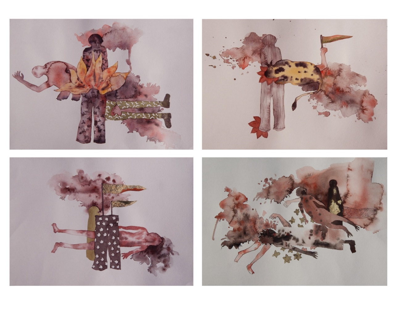 Leaves Are Falling — four works presented together. Each painting on Nepali handmade paper shows overlapping figures fragmenting into loose watercolor blooms of rose, umber, and grey, punctuated by gold foil accents that suggest both adornment and dispersal. Watercolor and gold foil on Nepali handmade paper, 24 × 16 inches each, 2018.