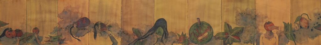 Really Fresh (full view), drawing and watercolor on paper, 56 x 8 inches, 2019. A panoramic horizontal composition depicting a sequence of female figures whose heads are replaced by vegetables — eggplant, watermelon, tomato, mango — set against a warm golden ground. The repeated act of chopping and carrying functions as a metaphor for domestic violence.