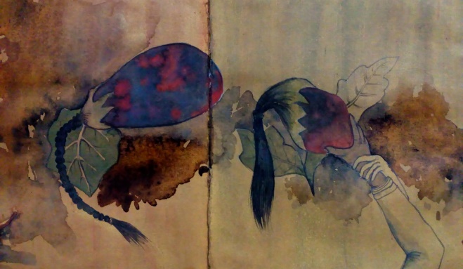 Really Fresh (detail), two panels showing a dark-haired figure bowing beneath a large purple eggplant, the vegetable and figure merging through overlapping watercolour washes.