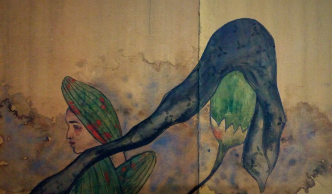 Really Fresh (detail), a figure in profile wearing a striped green headscarf extends a long dark form — part veil, part vegetable — outward from the body in a gesture of offering or struggle.