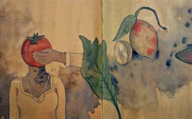Really Fresh (detail), a female figure with a tomato pressed over her face by a reaching hand, beside a mango and large leaf rendered in ink and watercolour.