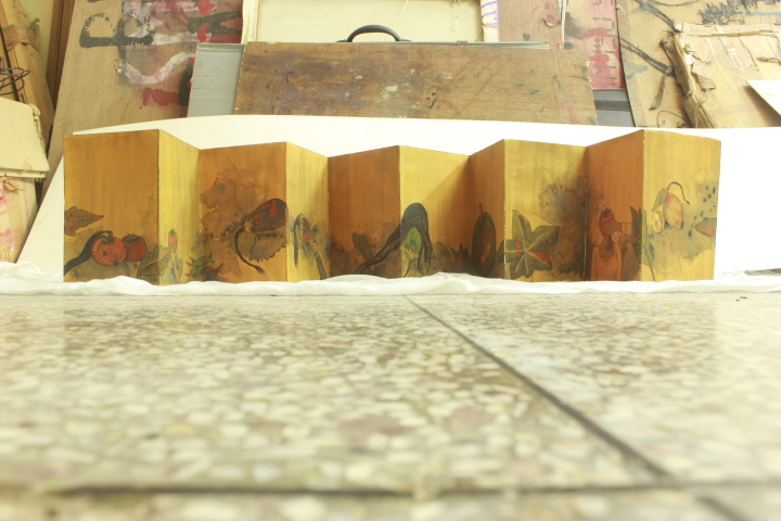 Really Fresh (installation view), the work displayed as a folded accordion book standing upright on a studio surface, revealing the sequential panels of the drawing installation.