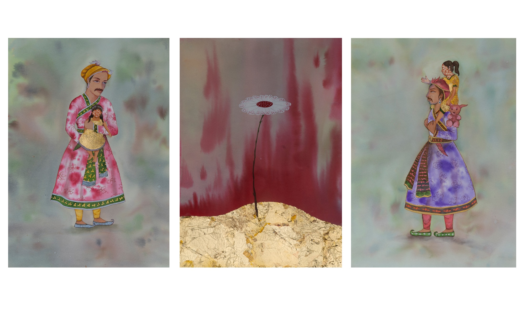Darkness of the Dark (series view), watercolour on paper, 8 x 10 inches each, 2017. Five panels displayed in a horizontal row depicting shrouded figures — some seated, some reclining — on decorative rugs. Their bodies are rendered as dense, dark silhouettes with patterned textile details, set against pale, bloodstained washes.