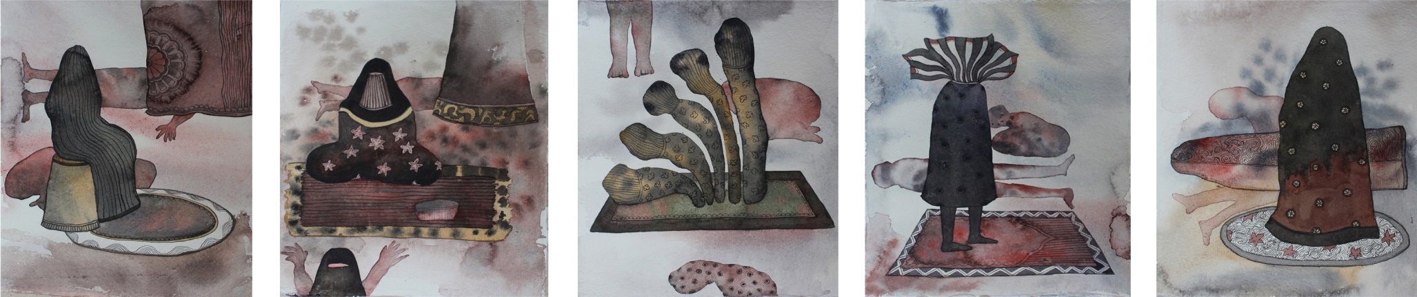 Dream of the Moro (panel 1), watercolour and golden foil on paper, 16 x 24 inches, 2018. A veiled woman dressed in an elaborately patterned dark robe and niqab carries a naked infant in one arm and a structured handbag in the other, depicted in a flat, frontal style recalling South Asian miniature painting on raw, wrinkled paper.