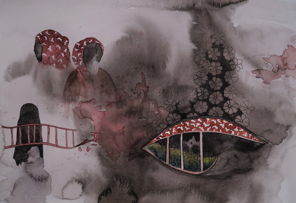Dark Flower (panel 2), watercolour on paper, 18 x 12 inches, 2019. A prone female figure with dark flowing hair reaches forward across a ground of crimson washes, surrounded by large botanical forms — a vivid green leaf and dark seed pods — with a small medicine dropper above.