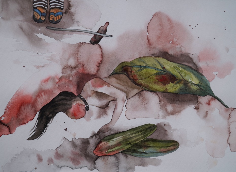 Dark Flower (panel 3), watercolour on paper, 18 x 12 inches, 2019. An abstracted, visceral composition of interlocking limbs and organic forms in dark rose, grey, and black washes, dissolving the boundary between the human body and fluid matter.