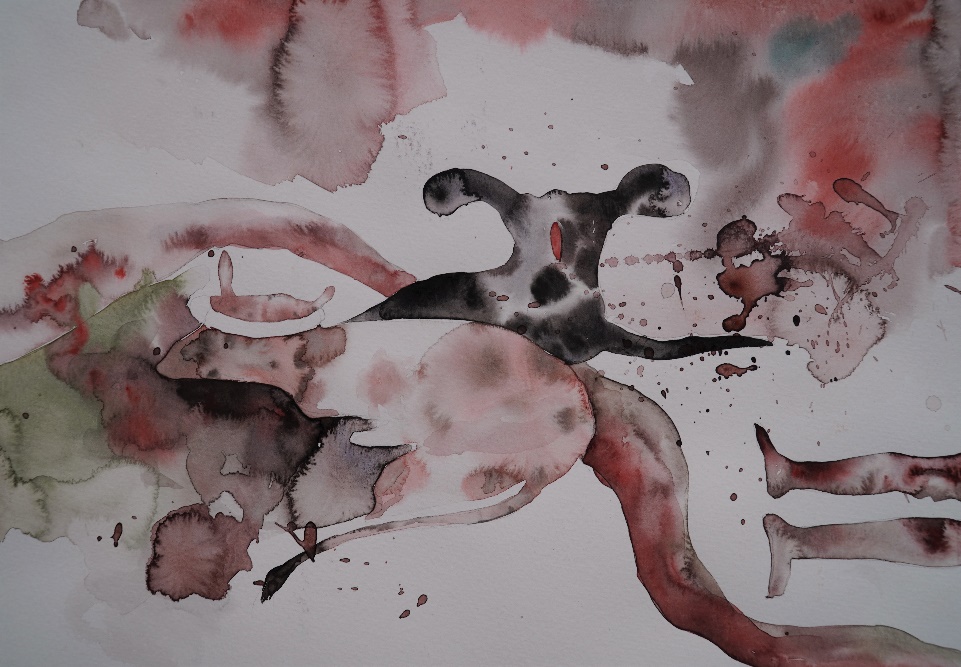 Dark Flower (panel 4), watercolour on paper, 18 x 12 inches, 2019. A reclining figure draped in a dark patterned textile, a large red apple with green sprouting leaves resting where the head should be, Bengali script visible on the fabric.