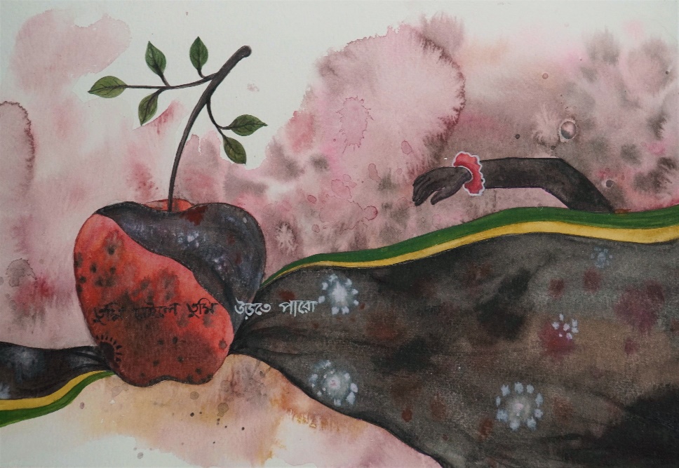Dark Flower (panel 4), watercolor on paper, 18 x 12 inches, 2019. A reclining figure draped in a dark patterned textile, a large red apple with green sprouting leaves resting where the head should be, Bengali script visible on the fabric. A reaching dark hand emerges at right against blossoming pink washes.