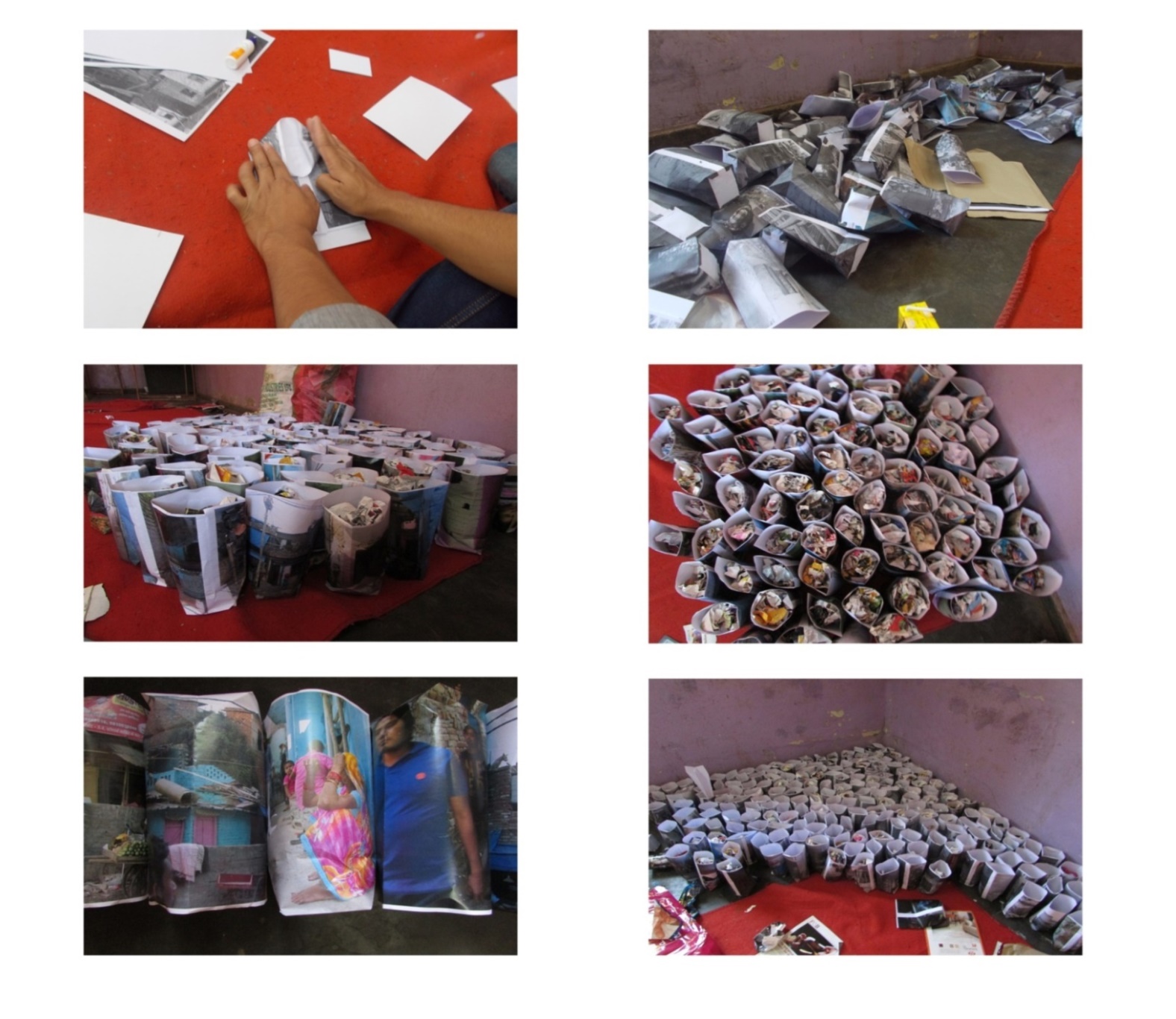 Thonga workshop documentation: participants folding printed photograph sheets into paper carry bags (Thongas) at Katha Community Centre, Govindpuri, New Delhi, 2017. The six-panel composite shows the folding process, piles of completed bags, and a child holding finished Thongas printed with images of community homes.
