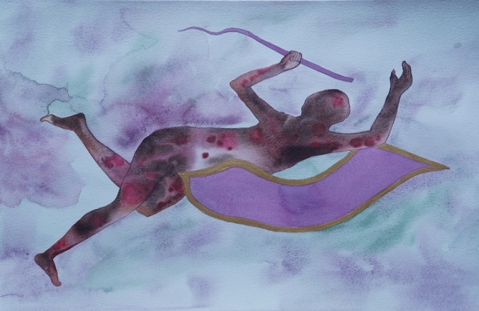 Untitled-4 (iii), watercolour on paper, 16 x 12 inches, 2024. A wounded figure at full stretch across the paper, one hand raised with a slender blade, the other trailing downward. The purple-and-gold fabric unfurls beneath — the body bruised and spotted but forcefully airborne.