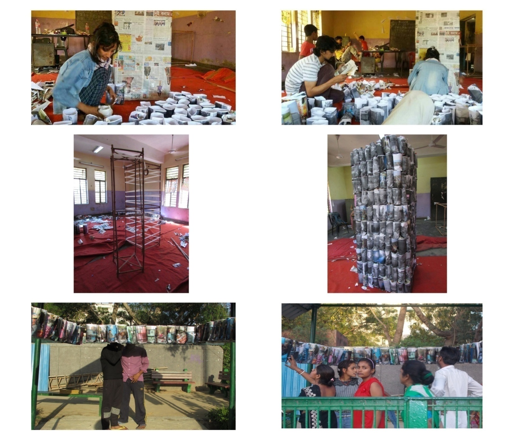 Thonga installation preparation: participants assembling bags at Katha Community Centre, a metal scaffolding structure, and the growing tower of photo-printed bags being constructed indoors. Bottom panels show the finished bags displayed on outdoor washing lines during the installation setup, Govindpuri, New Delhi, 2017.