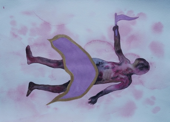 Untitled-4 (ii), watercolour on paper, 16 x 12 inches, 2024. A battered figure lies horizontal, one arm raised holding a small flag, the purple-gold fabric cape streaming beneath the body — suspended between flight and fall, between life and death.