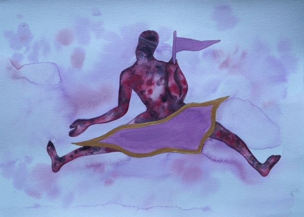 Untitled-4 (iv), watercolour on paper, 16 x 12 inches, 2024. A bruised figure in a seated but propulsive posture — leaning back, one arm raised holding a flag — the purple-gold fabric spread beneath as both propulsion and wound.