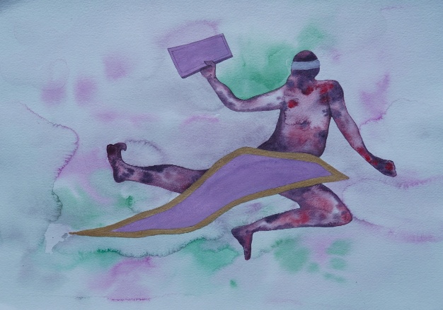 Untitled-4 (v), watercolour on paper, 16 x 12 inches, 2024. A figure mid-leap, torso marked with wounds, holding a placard or sign aloft in one hand, purple-and-gold fabric spread beneath — the act of protest made airborne and urgent.
