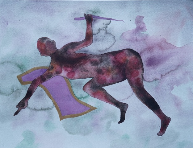 Untitled-4 (vi), watercolour on paper, 16 x 12 inches, 2024. A figure lunging forward and downward, one arm raised with a blade-like form, the body heavily bruised in deep purple-red, the gold-outlined purple fabric twisting behind — the most violent and kinetic image in the series.