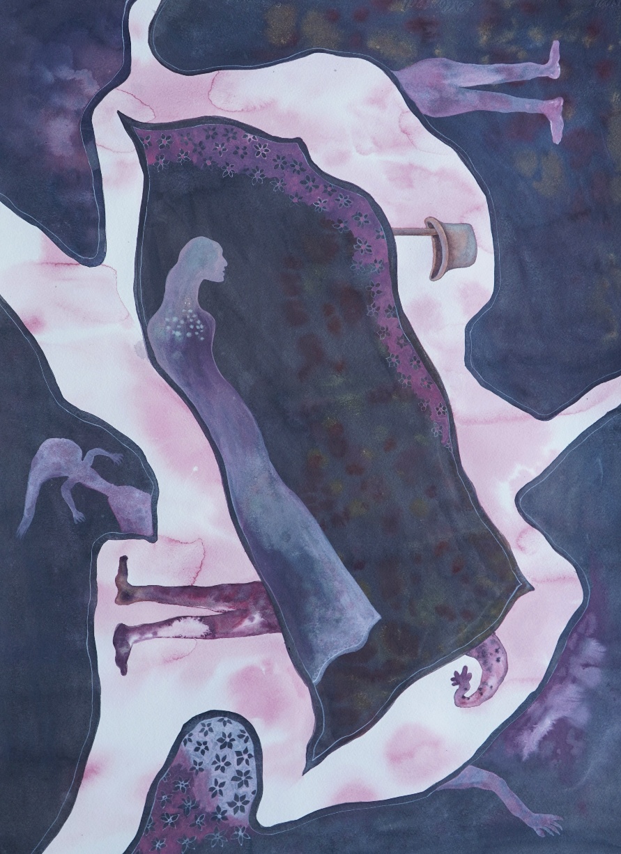 Untitled-5, watercolour on paper, 21 x 30 inches, 2024. A large single work in a palette of deep indigo, purple, and pale pink. A veiled figure in a dark embroidered cloak stands at the centre, surrounded by fragmented limbs — legs, arms — and a small lizard-like creature. The composition is dense and fractured, the figure at once overwhelmed and sovereign.