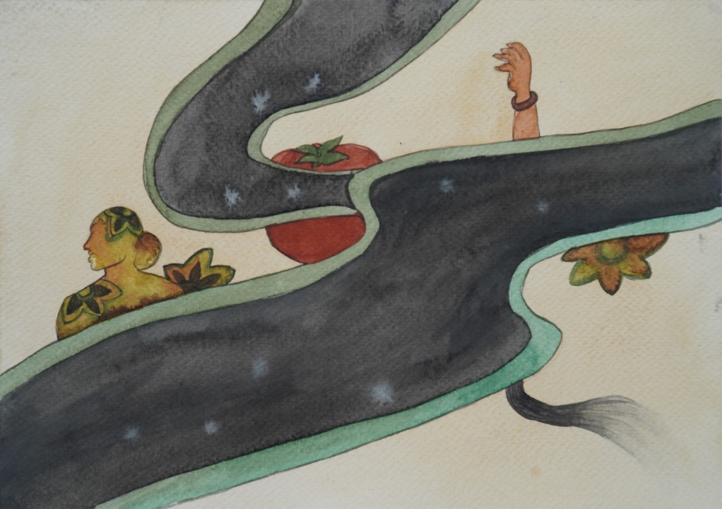 Untitled-6 (i), watercolour and acrylic gold on paper, 15 x 11 inches, 2024. A surreal, map-like composition in which a dark winding road or river-form carries star-like flecks. A red tomato sits in the road; a woman's arm with a bracelet reaches up from one side; a leafy face or head emerges from another.