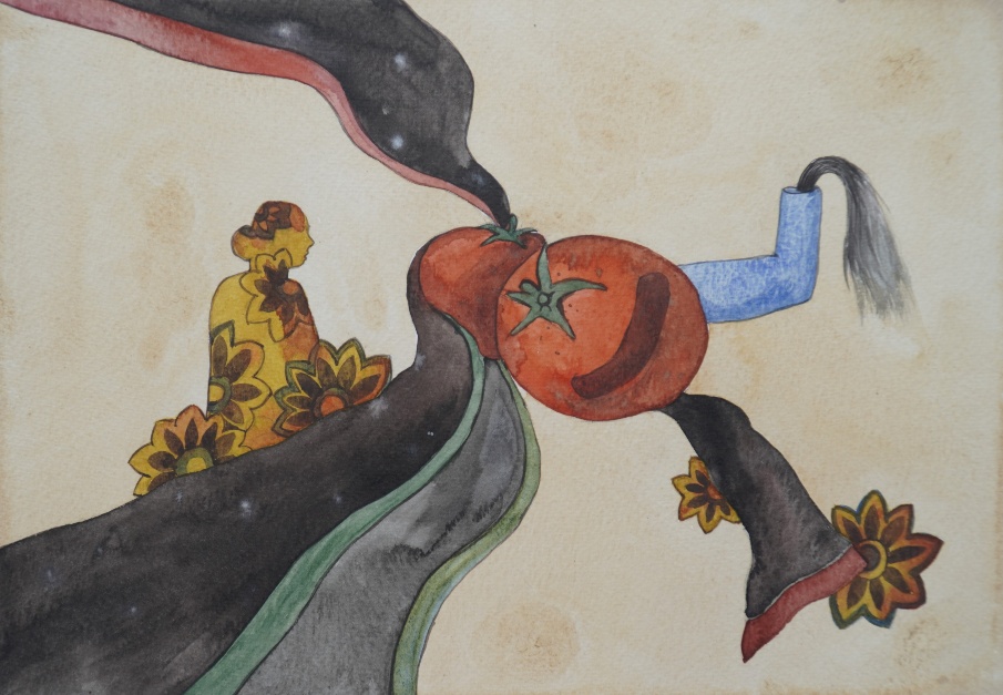 Untitled-6 (ii), watercolour and acrylic gold on paper, 15 x 11 inches, 2024. A dark road-form curves and collides with a large, vivid tomato at the picture's centre. A small figure in yellow and brown sits to the left; a blue pipe emits smoke or hair to the right.