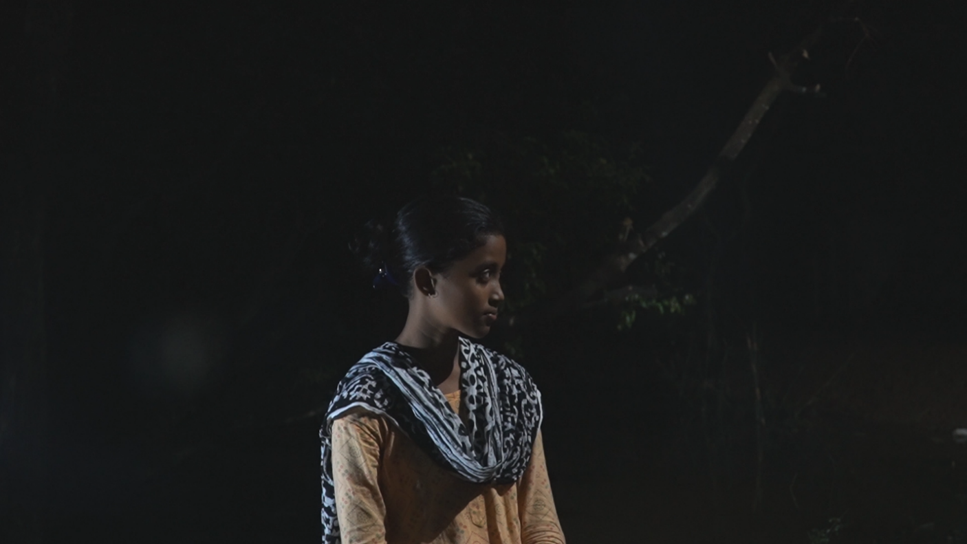 Still from The Last Dream I Saw — a woman in traditional dress stands alone in darkness against a shadowy tree, her gaze cast downward.